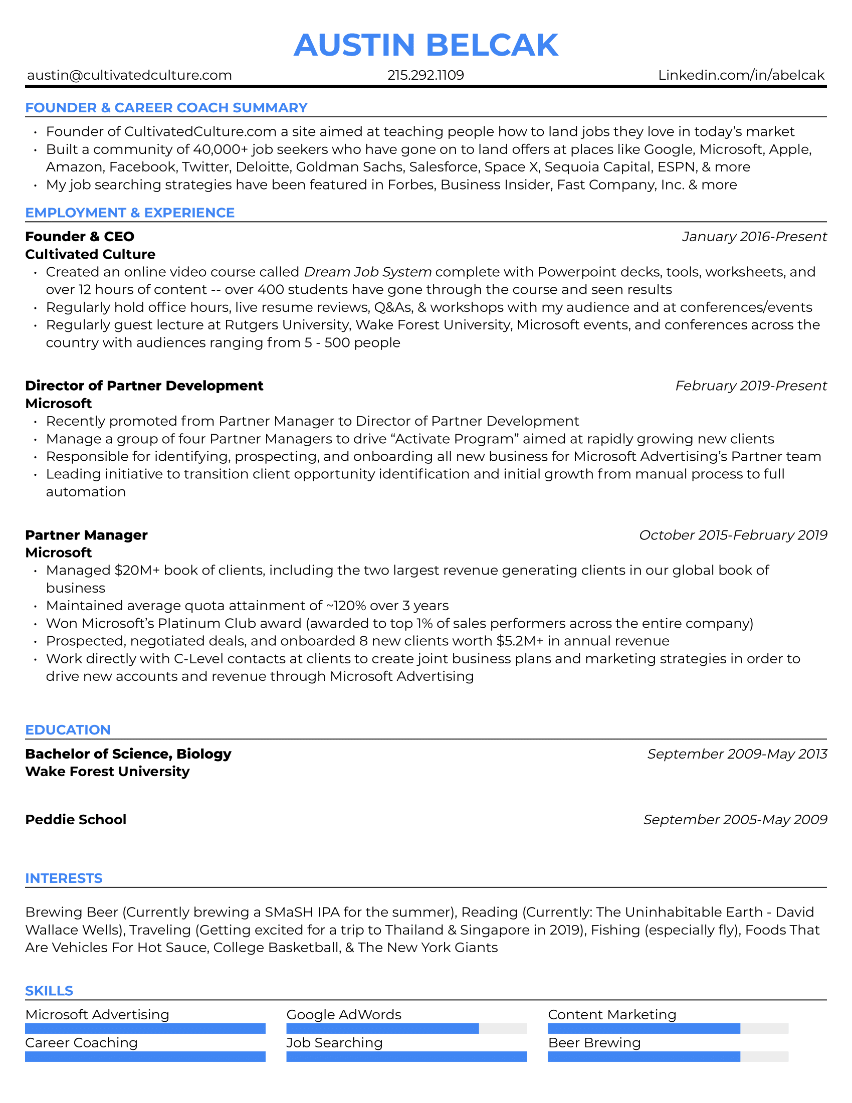 Example of Austin's resume with different font colors