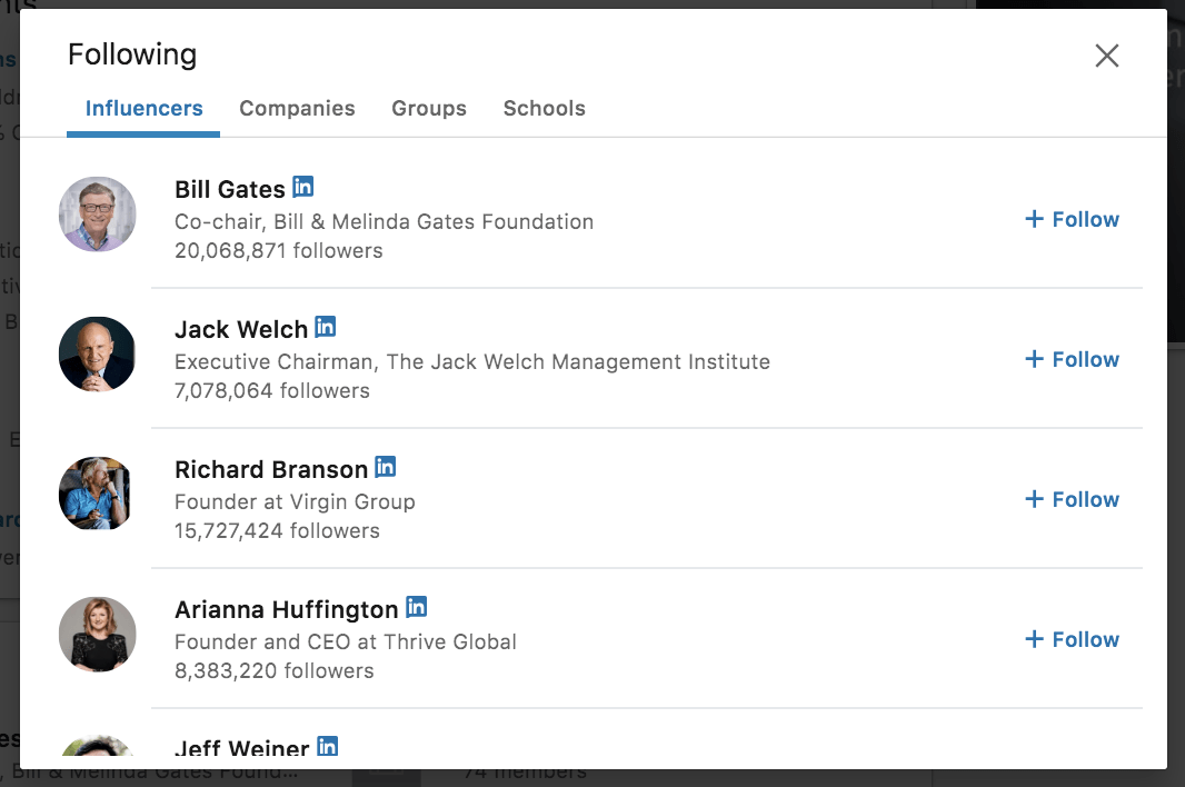 Example of following people on LinkedIn