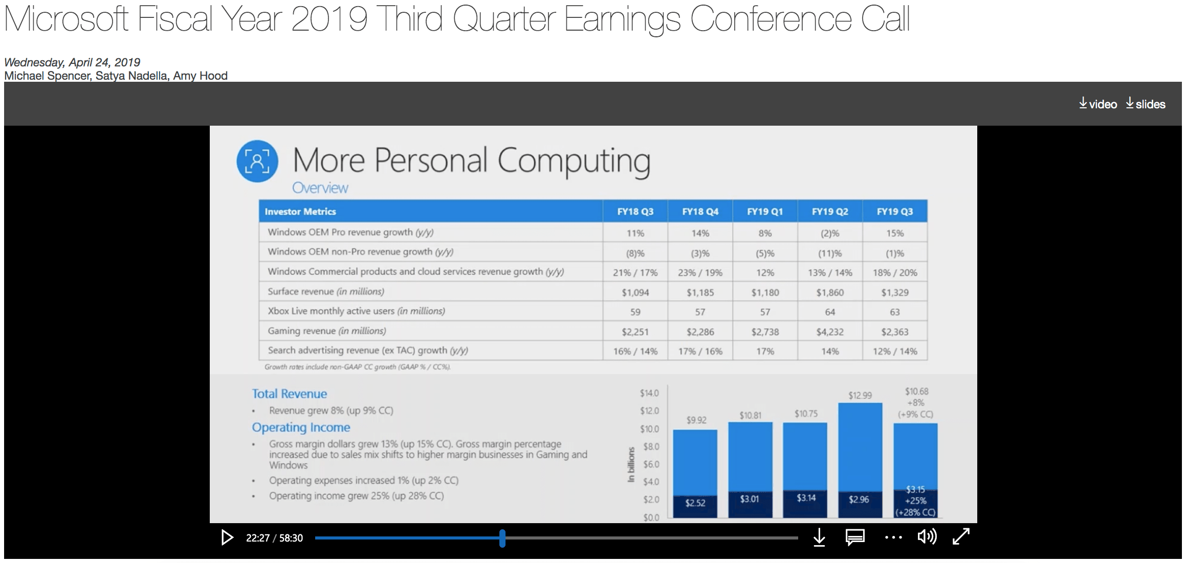 Screenshot of Microsoft Quarterly Earnings Webcast To Research Answers To Phone Interview Questions