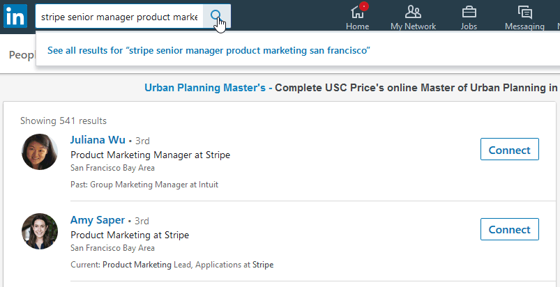 Screenshot of a search on LinkedIn for product marketing employees at Stripe
