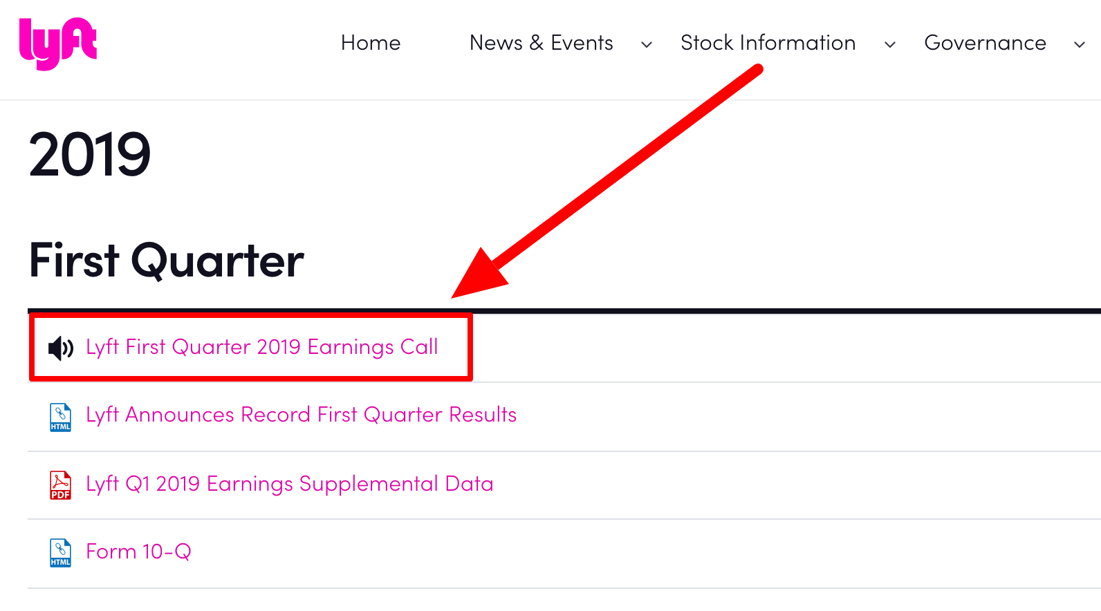 Screenshot of Lyft's investor relations page with quarterly earnings calls for research on why do you want to work here answer